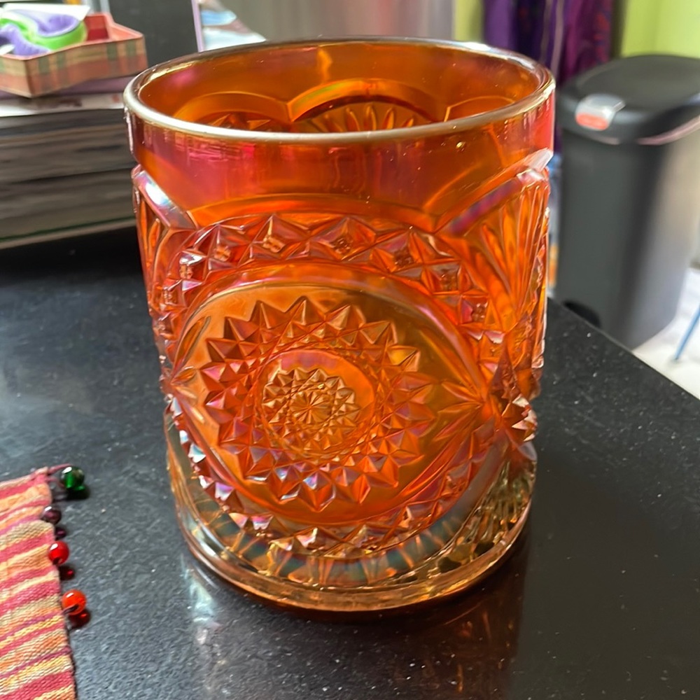 Vintage Marigold Carnival glass, vase or whatever you want it too be.